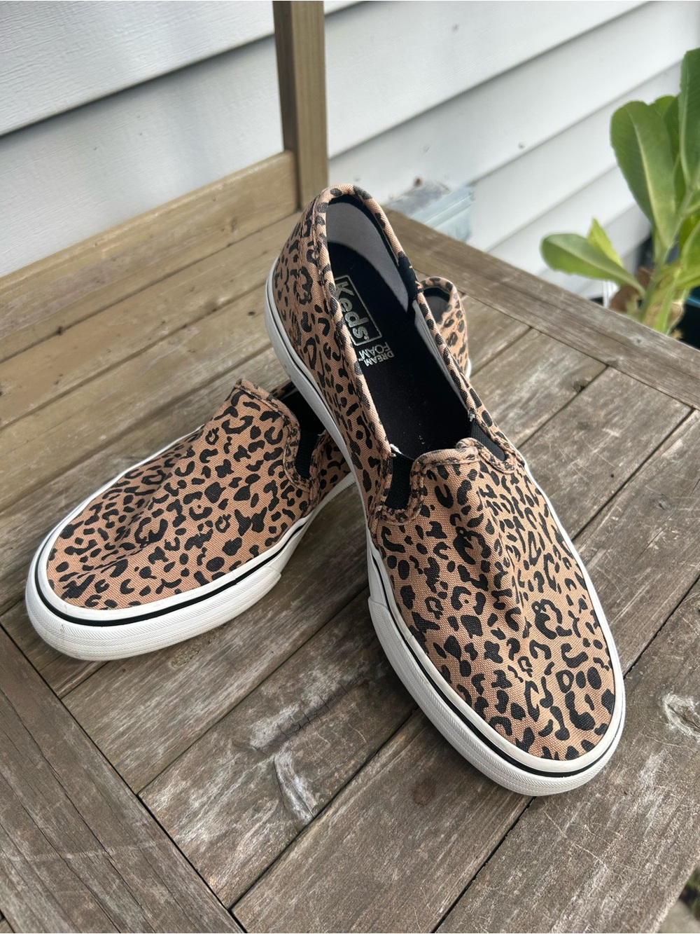 Keds Leopard Print Slip-On Flats in Tan and Black